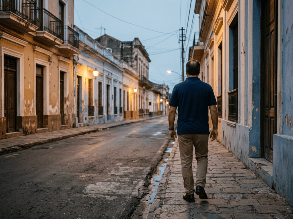 Man walking along a quiet historic street at dusk
